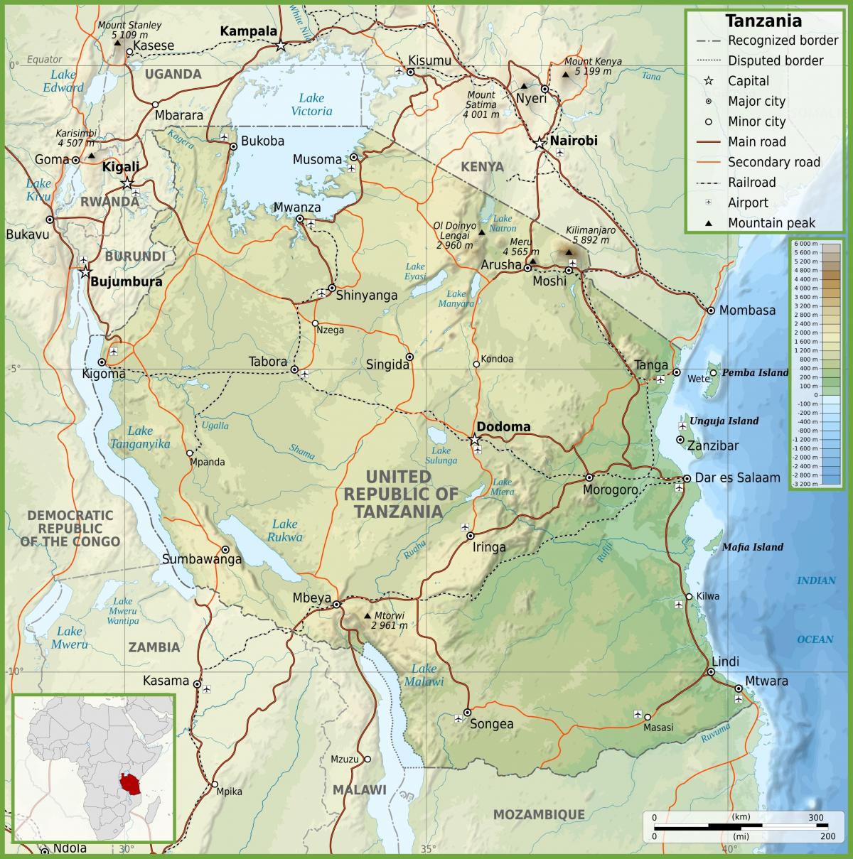 tanzanijoje kelių žemėlapį kilometrų
