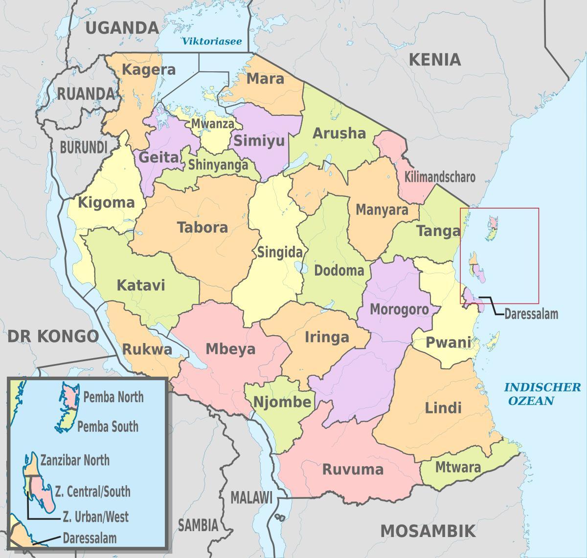 žemėlapis tanzanija rodo regionų bei rajonų,
