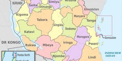 Žemėlapis tanzanija rodo regionų bei rajonų,