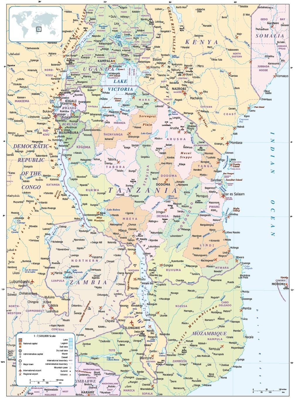 žemėlapis tanzanija ir aplinkinių šalių