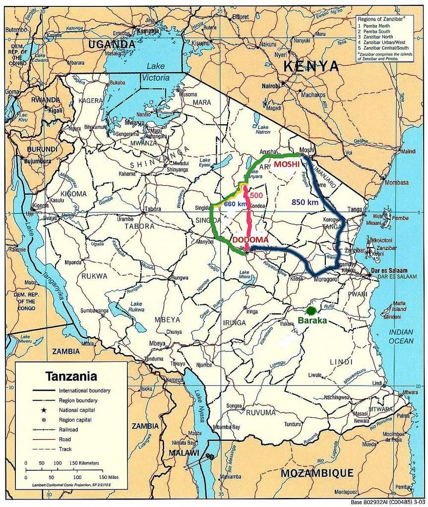 tanzanijoje kelių tinklo žemėlapis