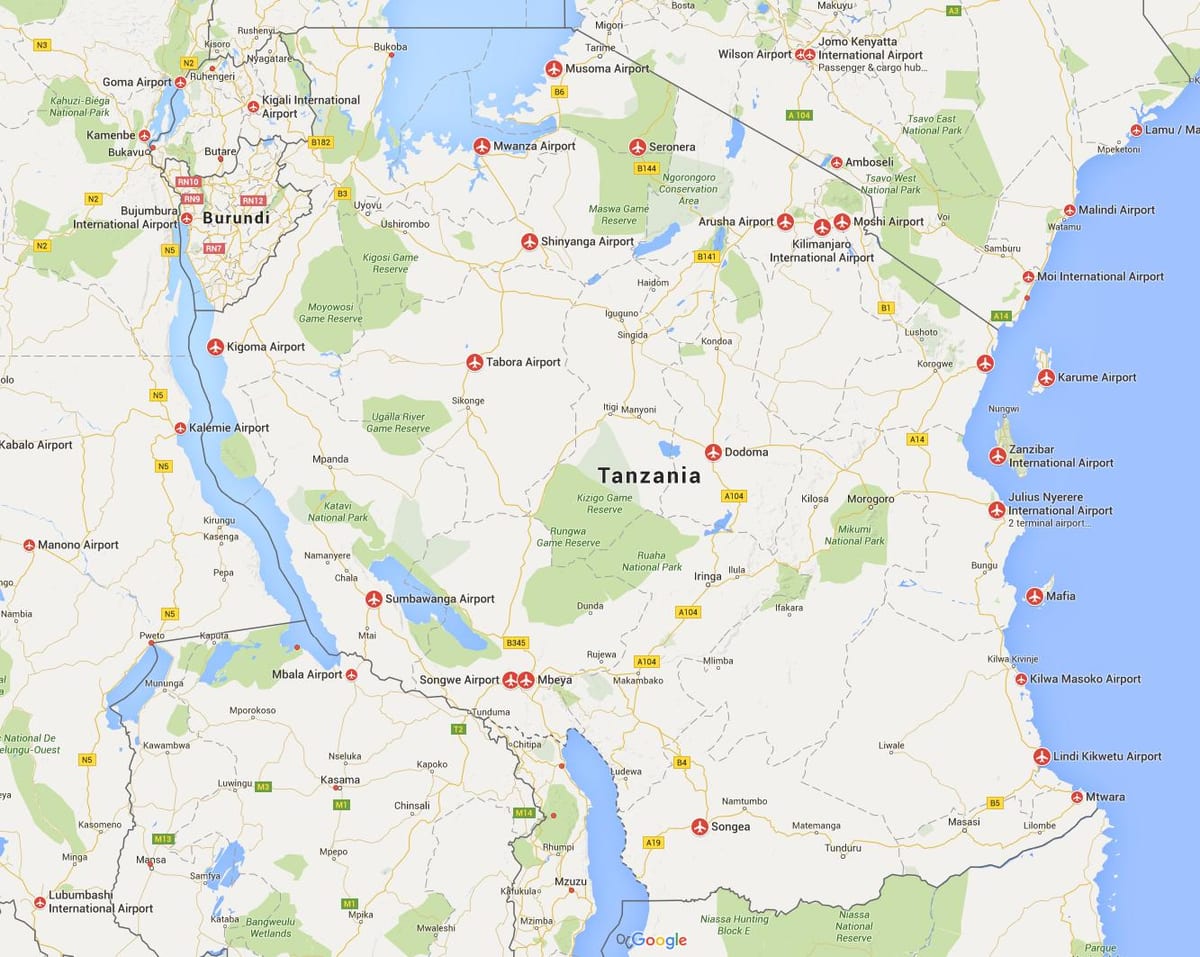 Žemėlapis tanzanija oro uostai