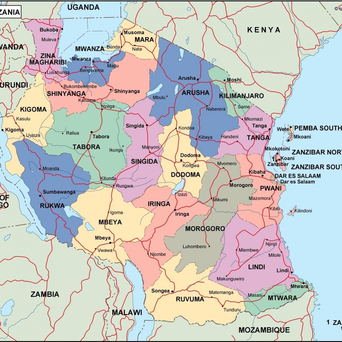 Žemėlapis tanzanija politinė