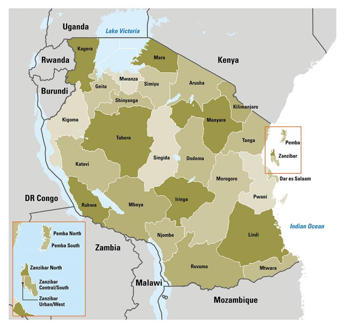 žemėlapis tanzanija rodo regionuose