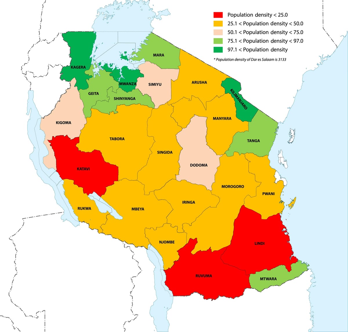 tanzanijos gyventojų tankumo žemėlapis