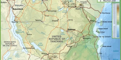 Tanzanijoje kelių žemėlapį kilometrų