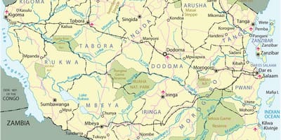 Tanzanijoje lankytinų vietų žemėlapis