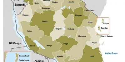 Žemėlapis tanzanija rodo regionuose